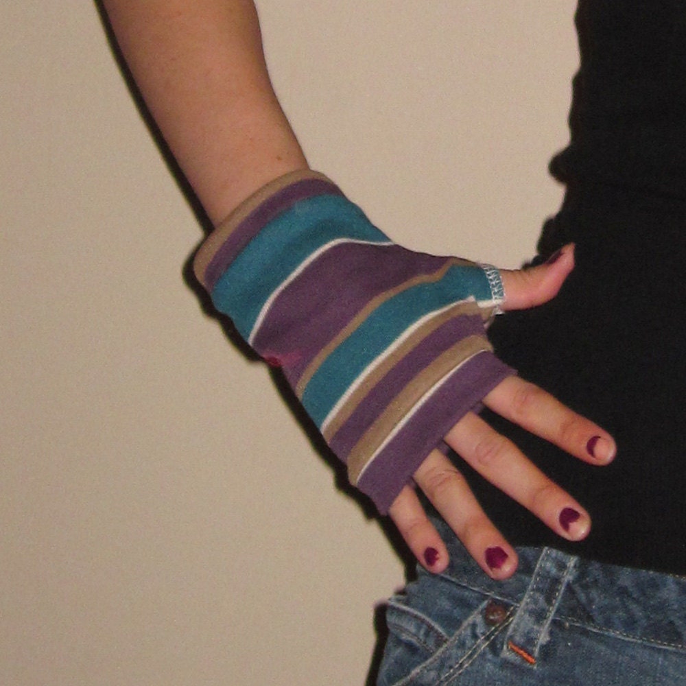 Teal Brown White and Purple Striped Wrist Warmers