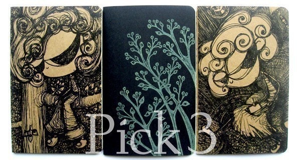 3 Moleskine . Hand Printed Pocket Notebook Journals