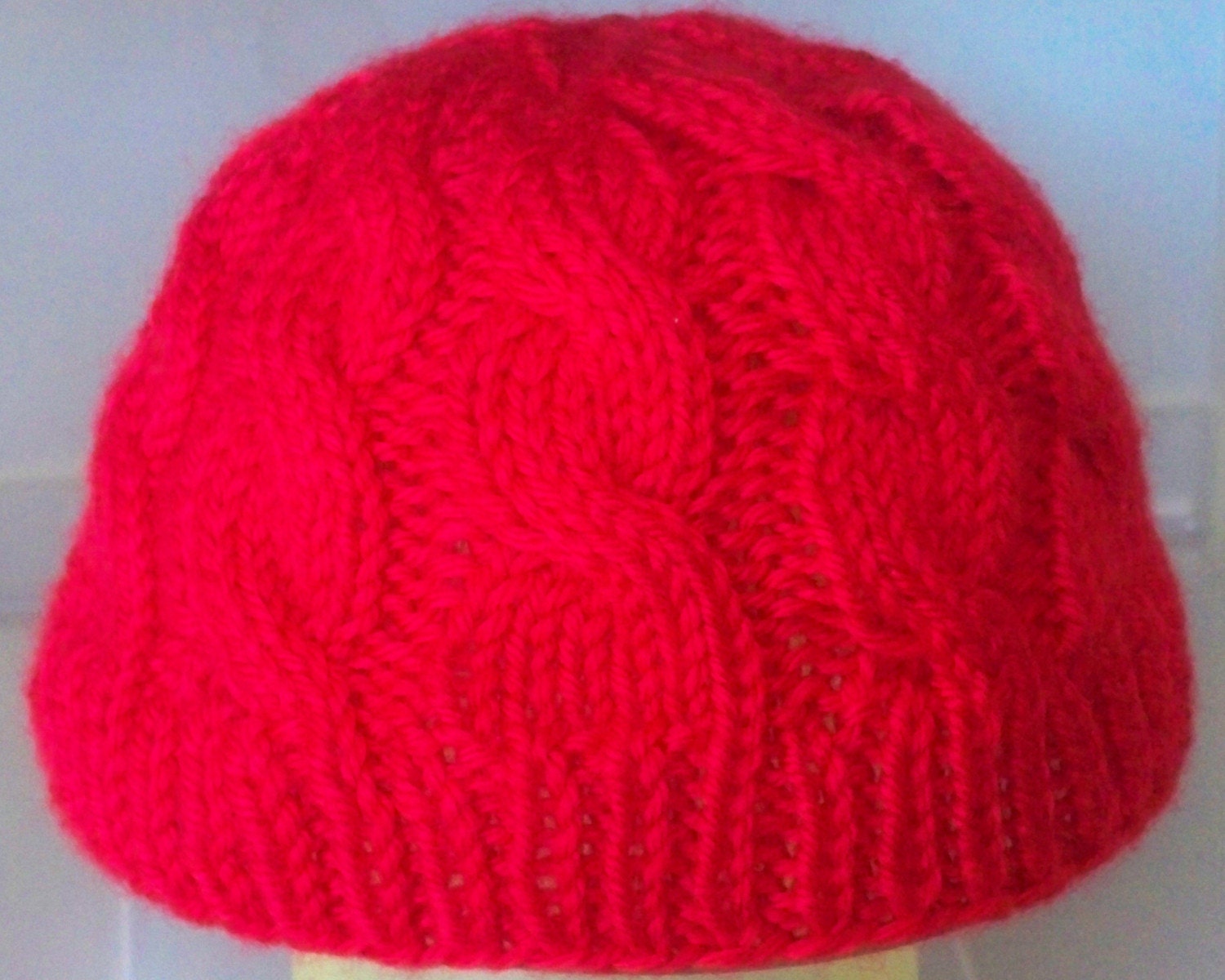 ADULT Man's Hand Knit Winter Hat  - Cabled - Red -  Soft and warm