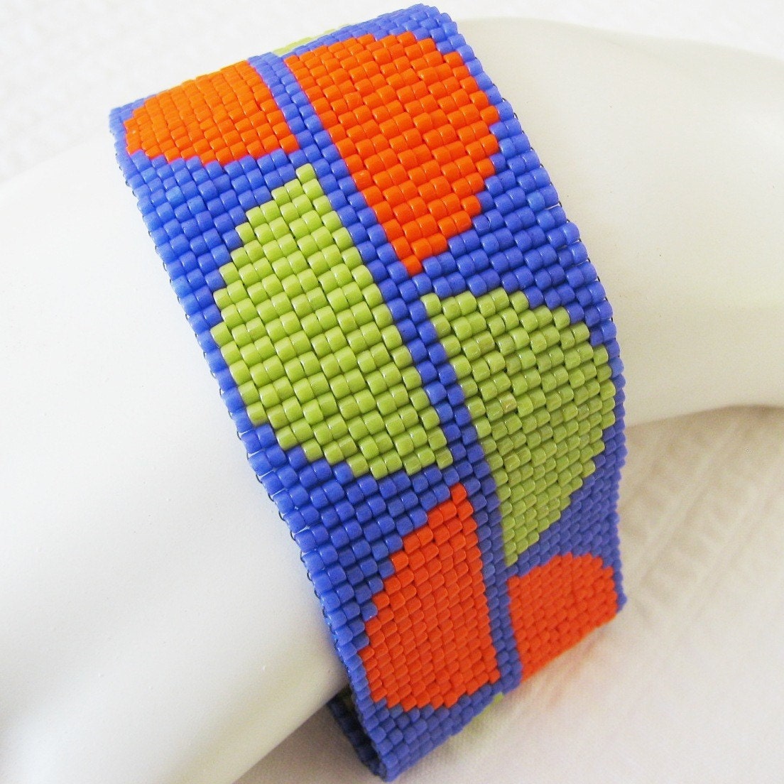 Snaking Along in Chartreuse and Orange (on Purple) Peyote Cuff Bracelet (2255) - A Sand Fibers Creation