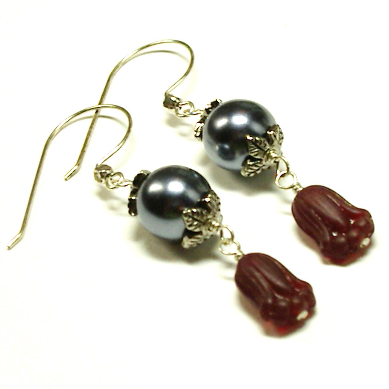 SALE Dark Tulips and Pearls Earrings