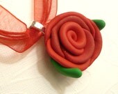 Red Rose Necklace Flower Jewelry on Organza Ribbon - handmade polymer clay