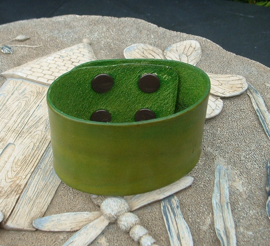Cactus Green Leather Cuff Bracelet 1 1/2" Wide