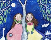 Two Girls Sisters Twins Art Print best friends friendship childrens room decor tree painting parallel reality whimsical folk art - Parallel