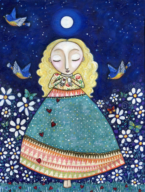 Blonde girl folk art painting mixed media whimsical art print birds bluebirds inspirational wall decor art for bedroom- "Words Have Wings"