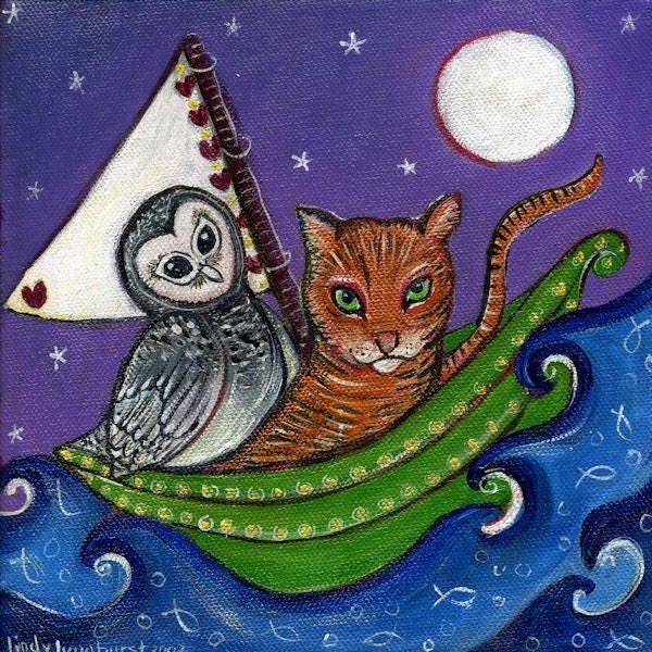 The Owl and The Pussy Cat Art Print - Nursery Art  - Whimsical Folk Art - Childrens Wall Decor
