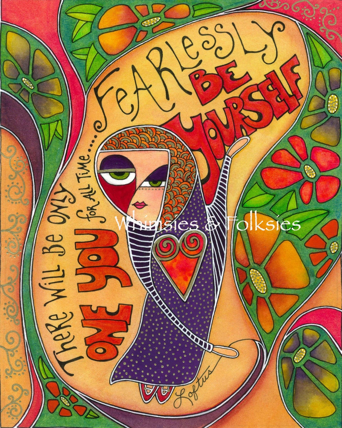 Inspirational Quote Funky Abstract Girl Folk Art Print - Fearlessly Be Yourself