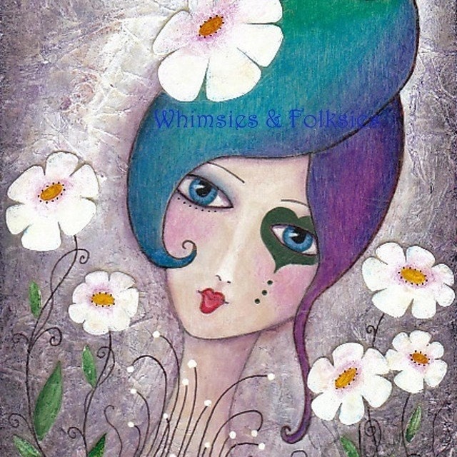 Whimsical Girl Folk Art - Funky Rainbow Hair Print by Joann Loftus
