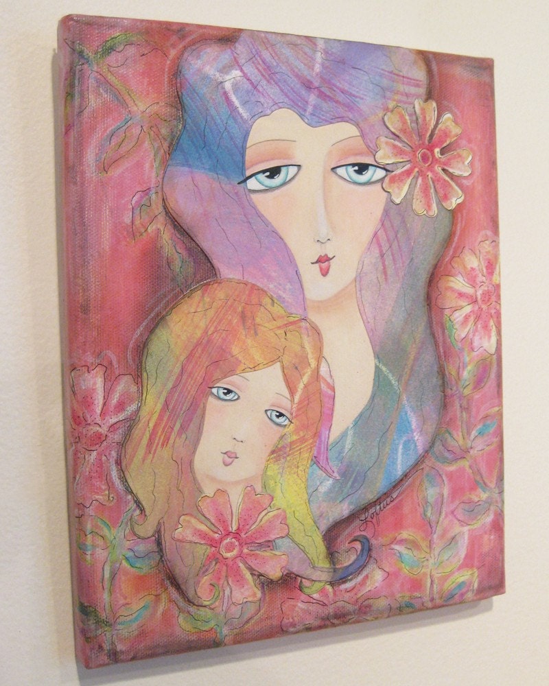 Mother Daughter Woman Girl Art - Whimsical Folk Art Original Painting - Mother Child Love