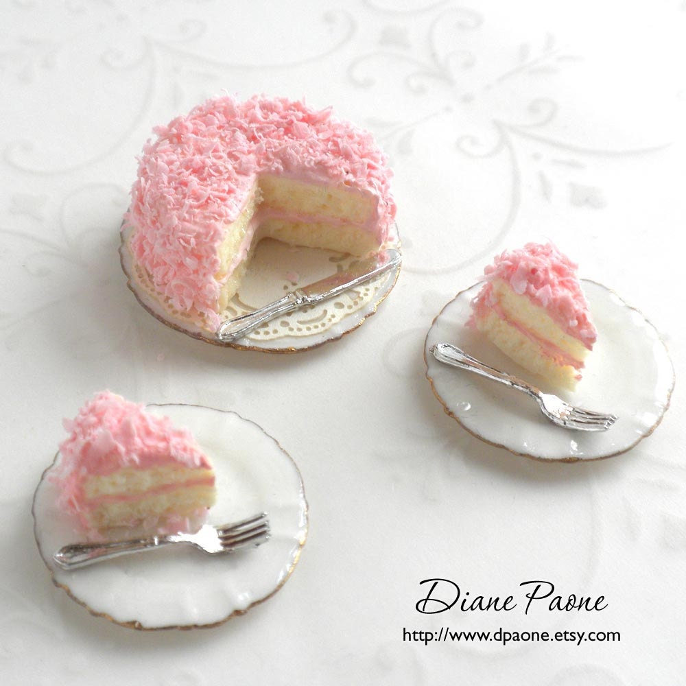 Pink Coconut Cake with two Servings on porcelain plates - Dollhouse Miniature Food