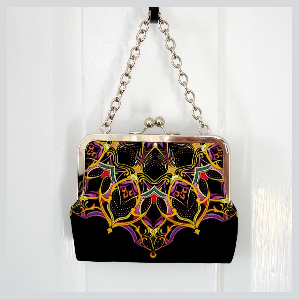 Ready To Ship Sale Kisslock Frame Tote Clutch Silk Lined Bright Yellow Orange Geometric Medallions Bridesmaid Bride Wedding
