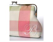 Wedding Clutch Monogrammed Personalized Silk Kisslock Frame Handbag Pink and Green Plaid Bridesmaid Bride Gifts Preppy Bridal