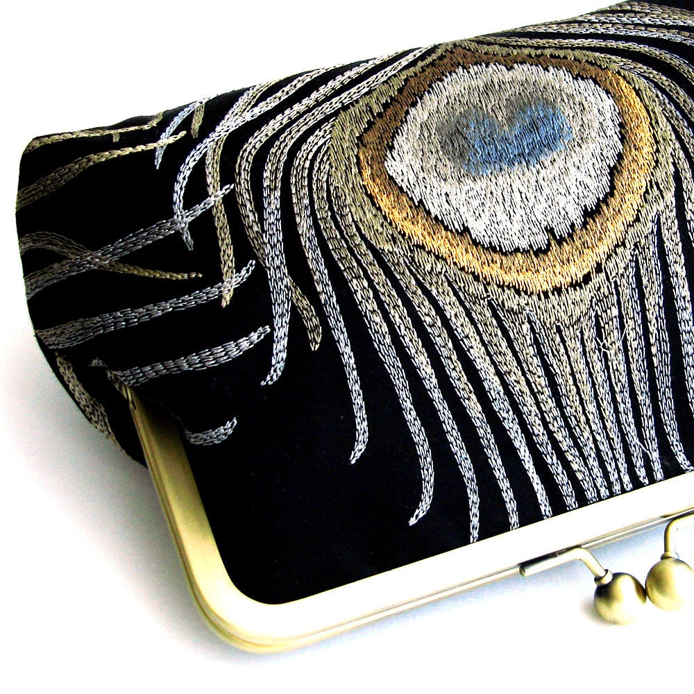 Kisslock Frame Clutch Silk Black Peacock Purse Bridesmaid Bride Wedding Gifts Preppy Prep Bridal