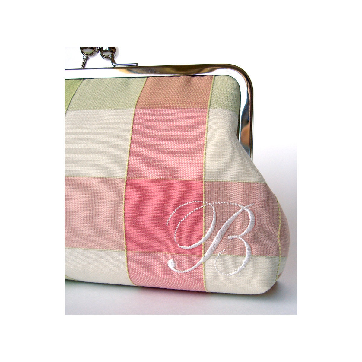 Wedding Clutch Monogrammed Personalized Silk Kisslock Frame Handbag Pink and Green Plaid Bridesmaid Bride Gifts Preppy Bridal