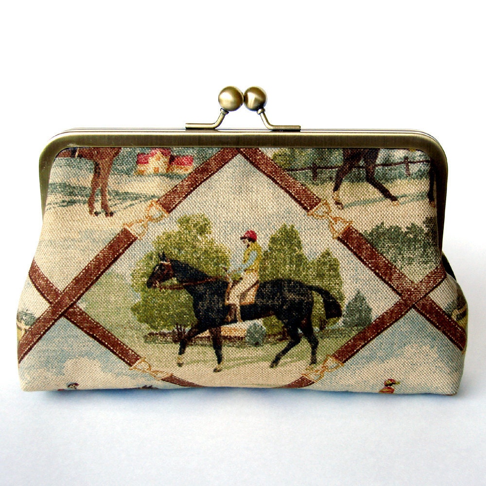 Kisslock Frame Clutch Silk Lined Jockey and Horse in Bridle Brown Royal Ascot Races Bridesmaid Bride Wedding Gifts Preppy