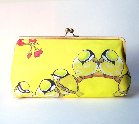 Large Yellow Birds on a Branch Frame Clutch with Green Interior and Optional Silk Lining 12 inch size