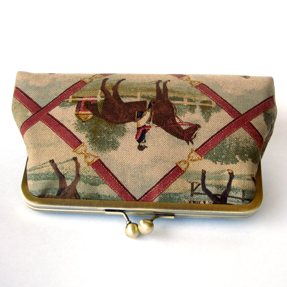Kisslock Frame Clutch Silk Lined Jockey and Horse in Cordova Brown Royal Ascot Races Bridesmaid Bride Wedding Gifts Preppy