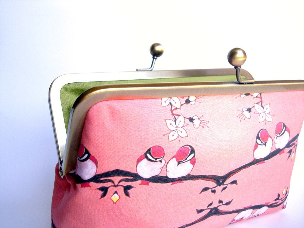 Large Yellow Birds on a Branch Frame Clutch with Green Interior and Optional Silk Lining 12 inch size