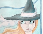Witch Girl Original Watercolor Painting 8x10 inches