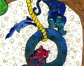 Two Tabby Cats Swinging From a Tree - Original Painting Acrylic by Melia