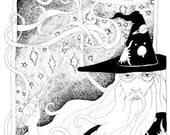 Wizard Art Nouveau Style Pen and Ink Drawing