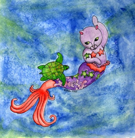Mermaid Cat and Turtle Original Watercolor Painting