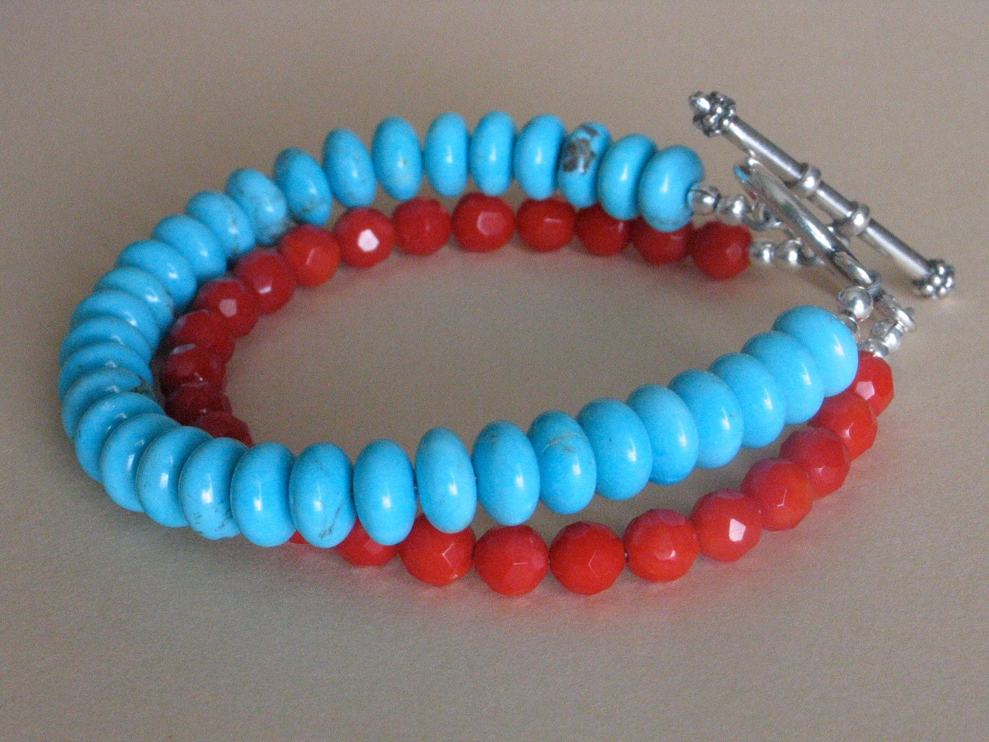 Turquoise and Coral Bracelet 2-Strand Kingman Turquoise, Red Bamboo Coral, Sterling Silver