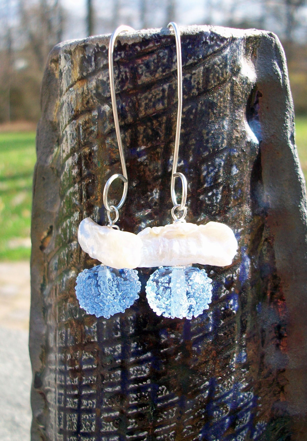 Snowy Ice Long Silver Earrings