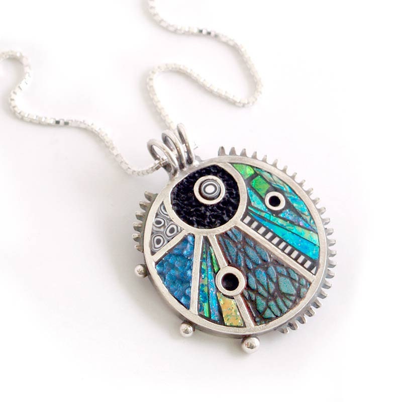 Silver pendant necklace with Iridescent Mosaic inlay Polymer Clay sterling chain