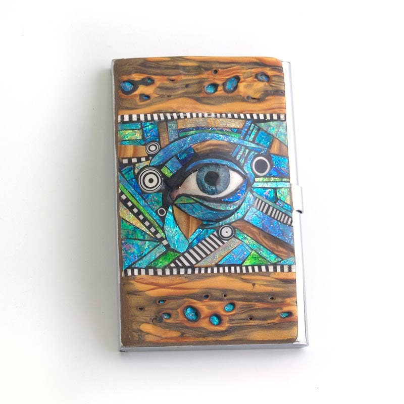 Business Card Holder with polymer clay eye and Iridescent mosaic inlay