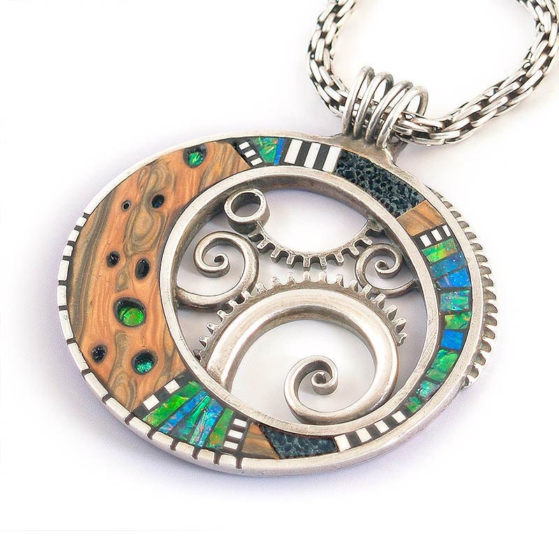Large Silver and Polymer Pendant with Iridescent inlay and Faux wood - LizardsJewelry