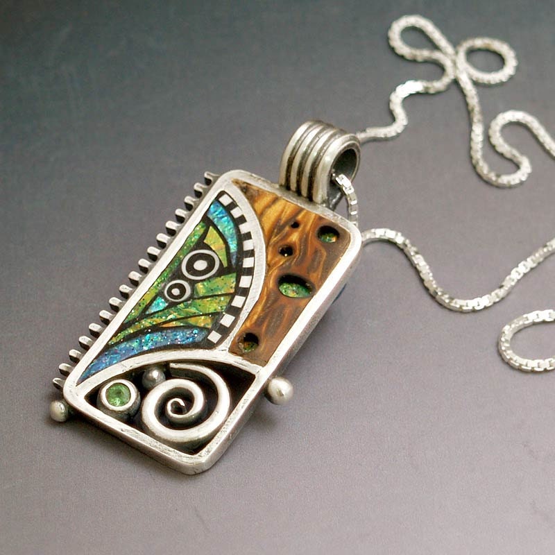 Silver and Polymer Pendant with Iridescent Mosaic inlay