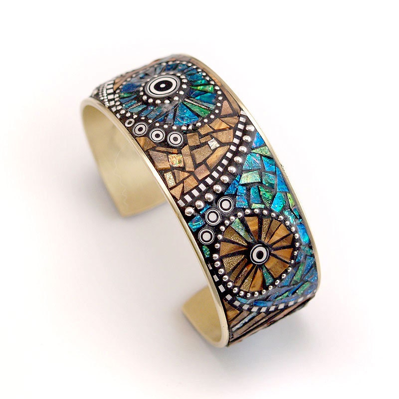 Mosaic Brass Cuff Bracelet with polymer clay inlay, Faux Wood and Sterling Silver