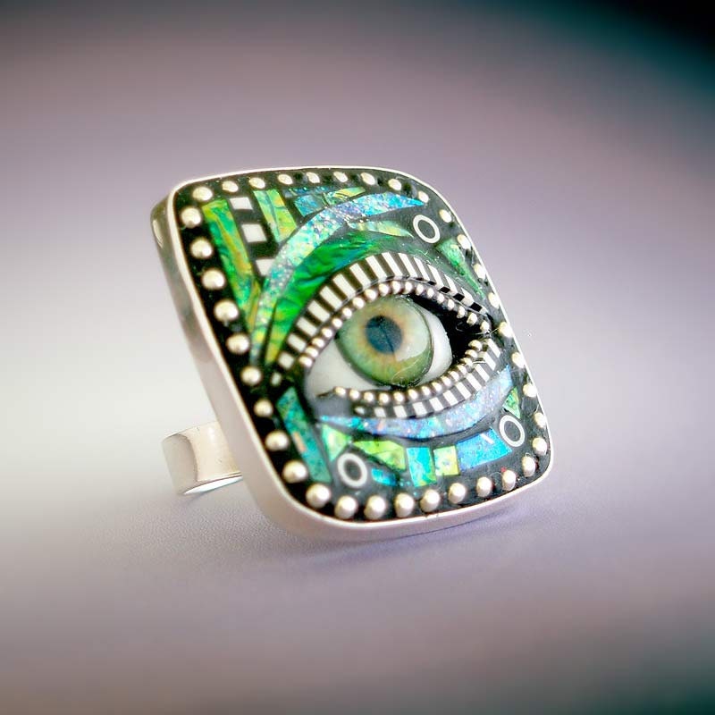 Sterling Silver Adjustable Eye Ring inlaid with Blue Green Iridescent Mosaic Polymer