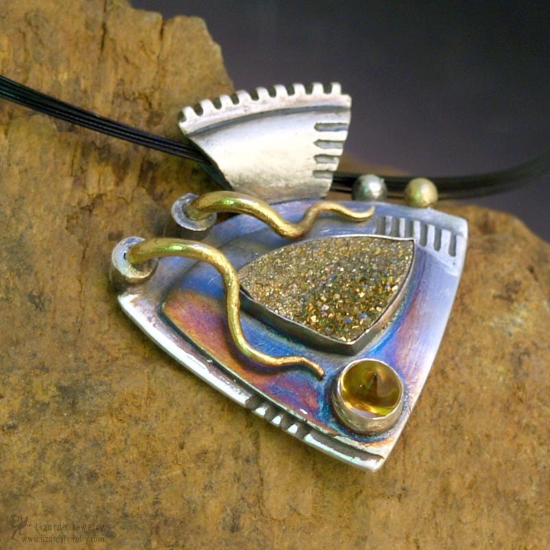 22K Gold and Silver Pendant Yellow Citrine, Rainbow Drusy, fine jewelry, Aztec Elements