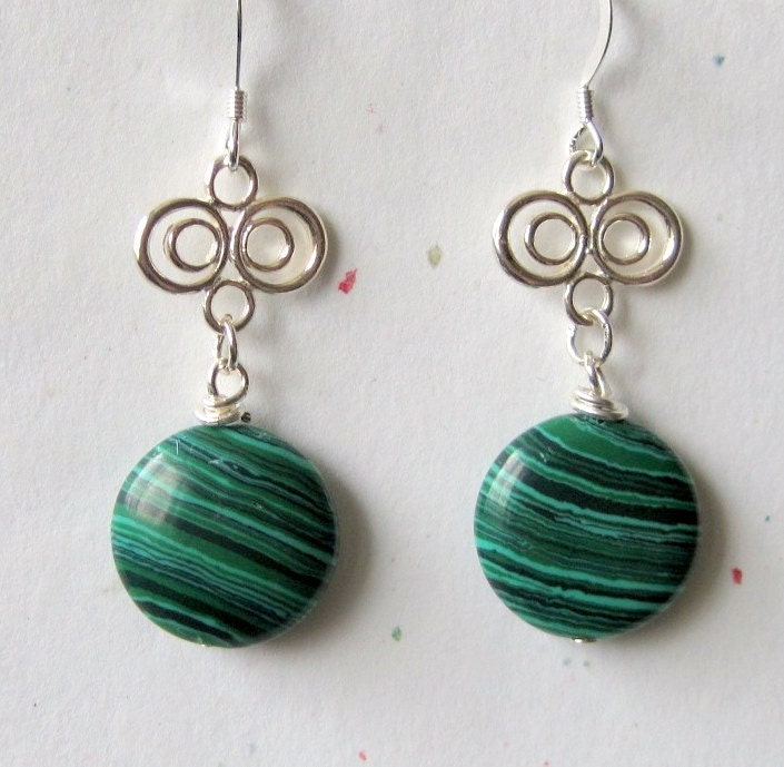 VALENTINE SALE Four Leaf Clovers - Malachite and Sterling Silver Earrings