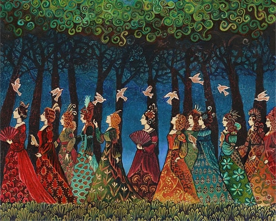 Twelve Women with Birds - Goddess Art 8x10 Print