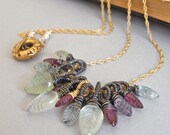 Necklace - sterling silver, wire wrapped, oxidised, prehnite, flourite, garnet, goldfill - Raspeberry Leaf