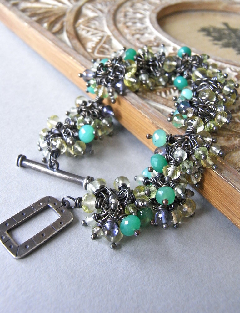 Reserved for N. - Bracelet - chrysoprase, lemon quartz, peridot, iolite, prehnite, smoky quartz, sterling silver oxidised - Primavera