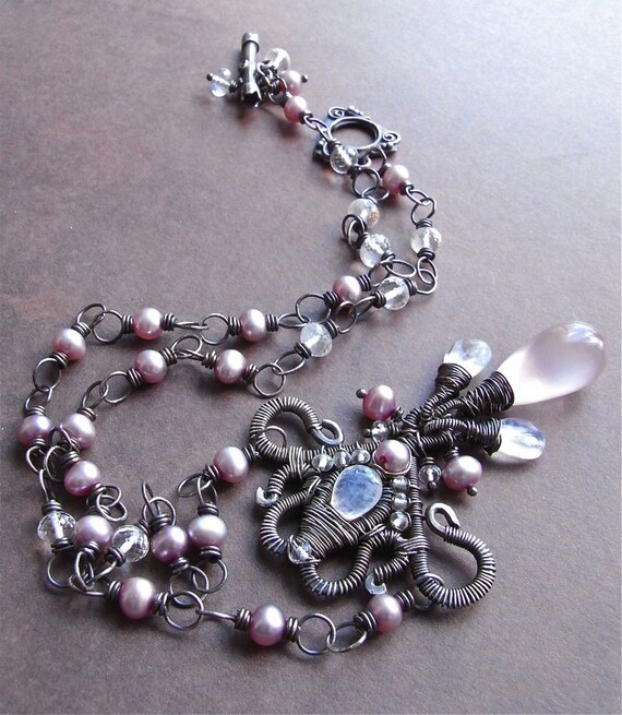 Necklace - sterling silver, oxidised, moonstone, rose quartz, white topaz, freshwater pearl, Balinese silver, wire wrapped, pendant, ornate, luxurious, art jewellery - Madame de Tourvel