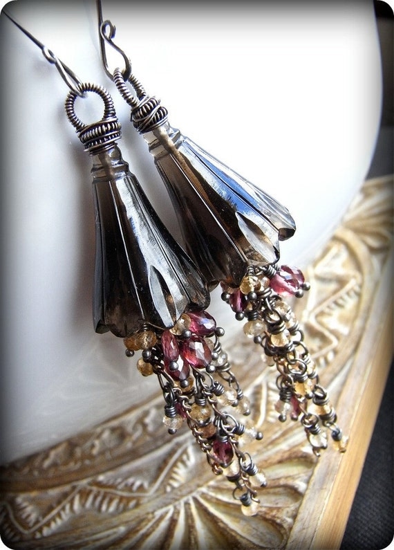 RESERVED for DA - Earrings - rubelite garnet, imperial topaz, smoky quartz, oxidised, sterling silver - Honeysuckle
