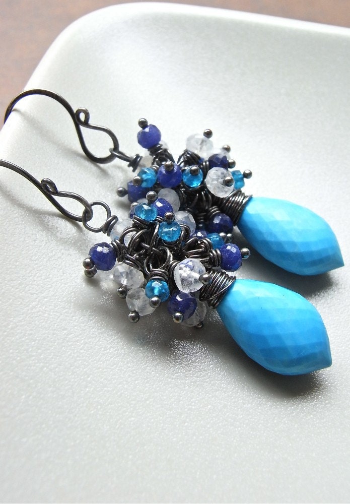 On Sale - Earrings - turquoise, sterling silver, oxidised, apatite, sapphire, moonstone - Castaway