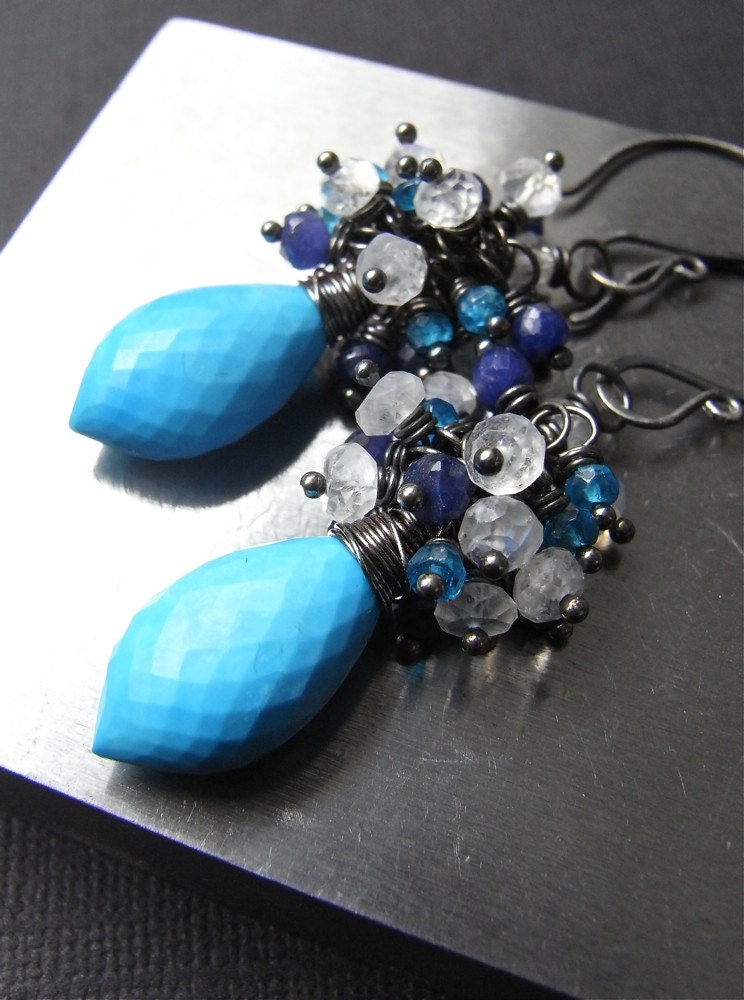 On Sale - Earrings - turquoise, sterling silver, oxidised, apatite, sapphire, moonstone - Castaway
