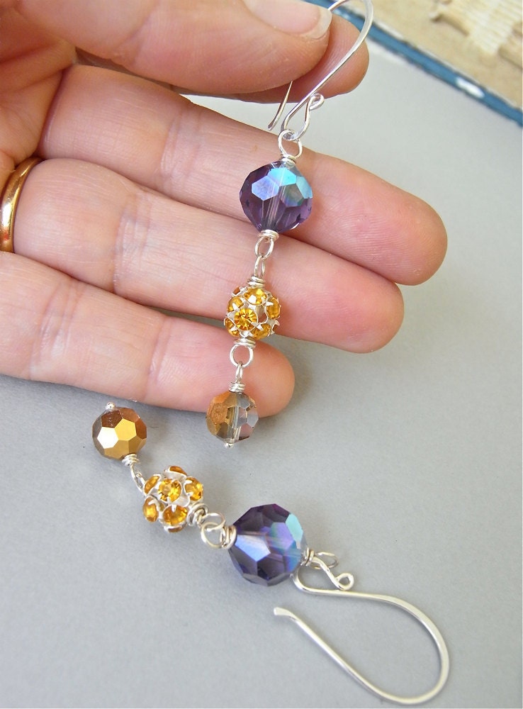 Earrings - vintage Swarovski crystal, modern crystal, sterling silver - Gilded Pansy