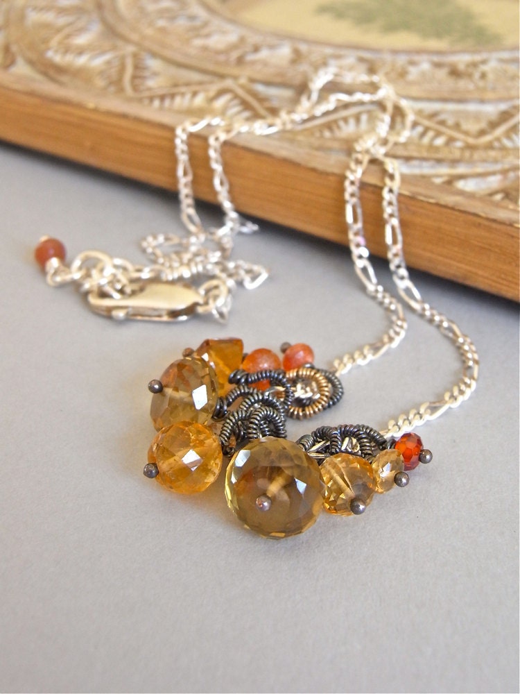 Necklace - sterling silver, wire wrapped, oxidised, mixed gemstone - Honeycomb