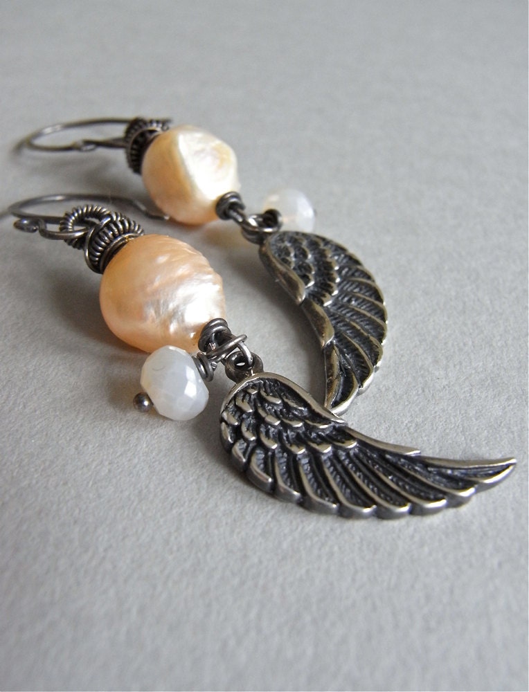Earrings - sterling silver, wings, druzy freshwater pearls, mystic chalcedony - Take Flight