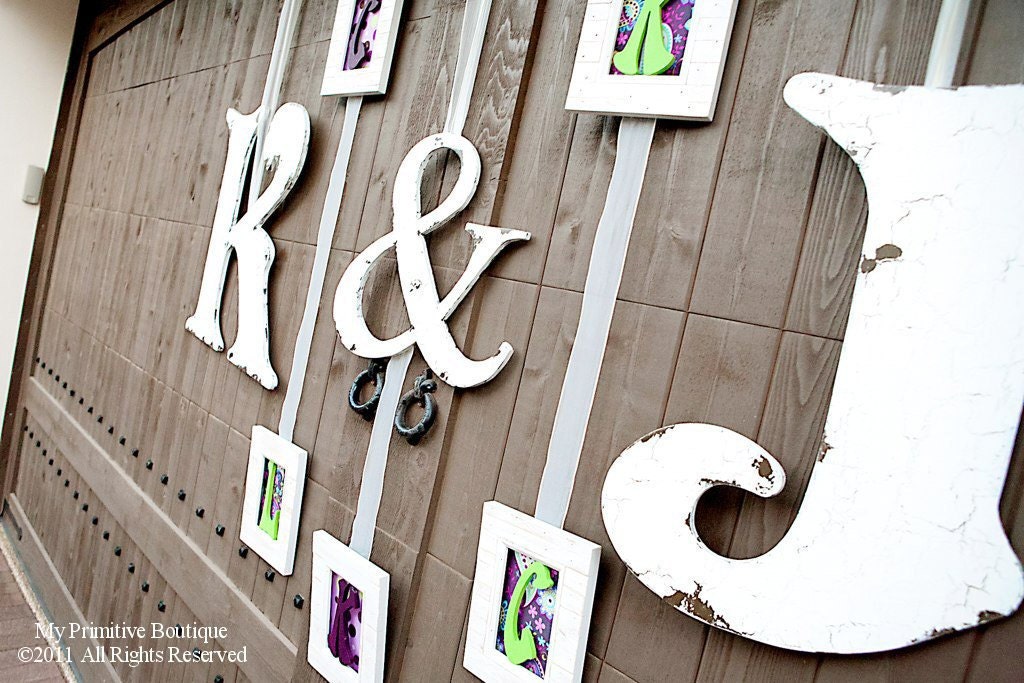 SHABBY CHIC WOODEN Letter Special, Vintage Cut Out Letters, Includes Two 24 inch Letters and One 16 inch Ampersand, Any Letters, Any Color