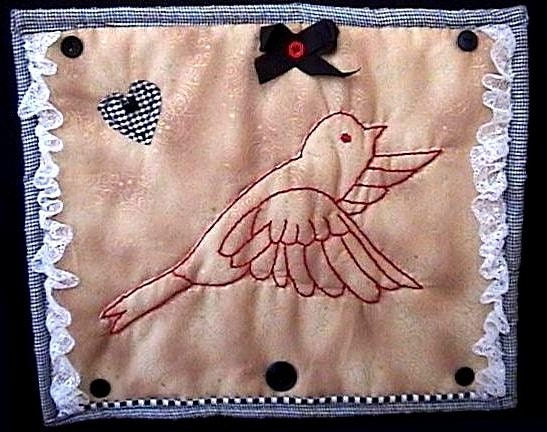 CLEARANCE SALE - REDWORK embroidered red bird heart handmade little mini art quilt