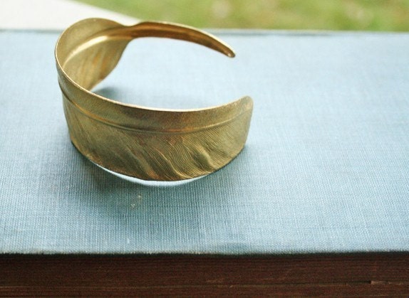 huge feather cuff - adjustable brass bracelet