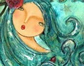 ISABELLA - Folk Art Primitive Original Beeswax Collage Mermaid Flower Girl Portrait (5x10 PRINT On Paper)